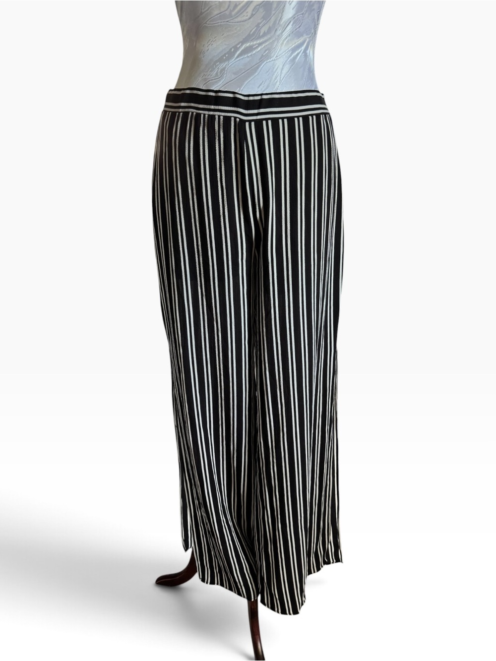 Aqua Black & White Vertical Stripe Wide-Leg Pants NWT